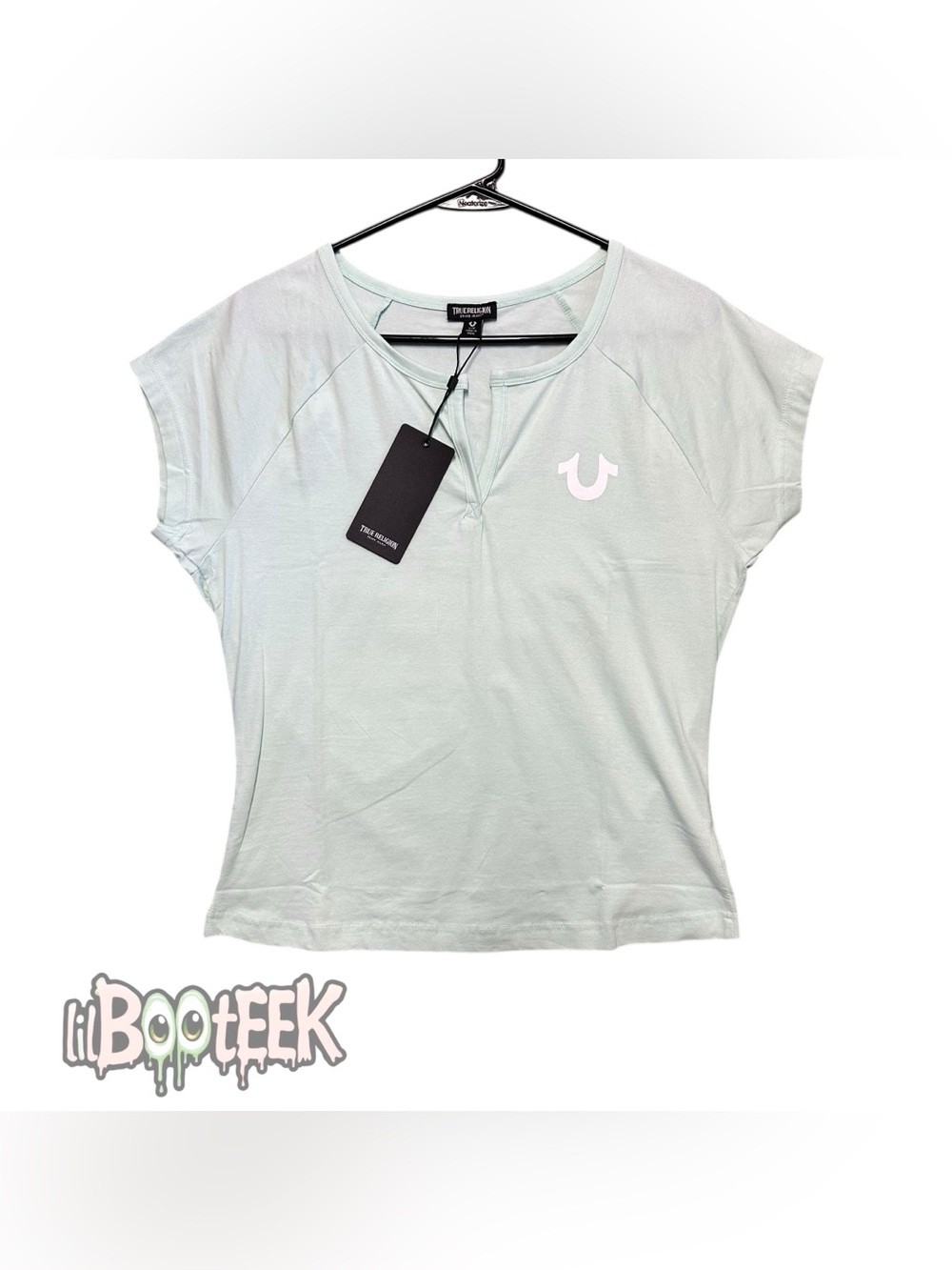 True Religion Ladies LG Mint Green V Neck T Shirt w Horseshoe Logo NEW VIRAL Y2K